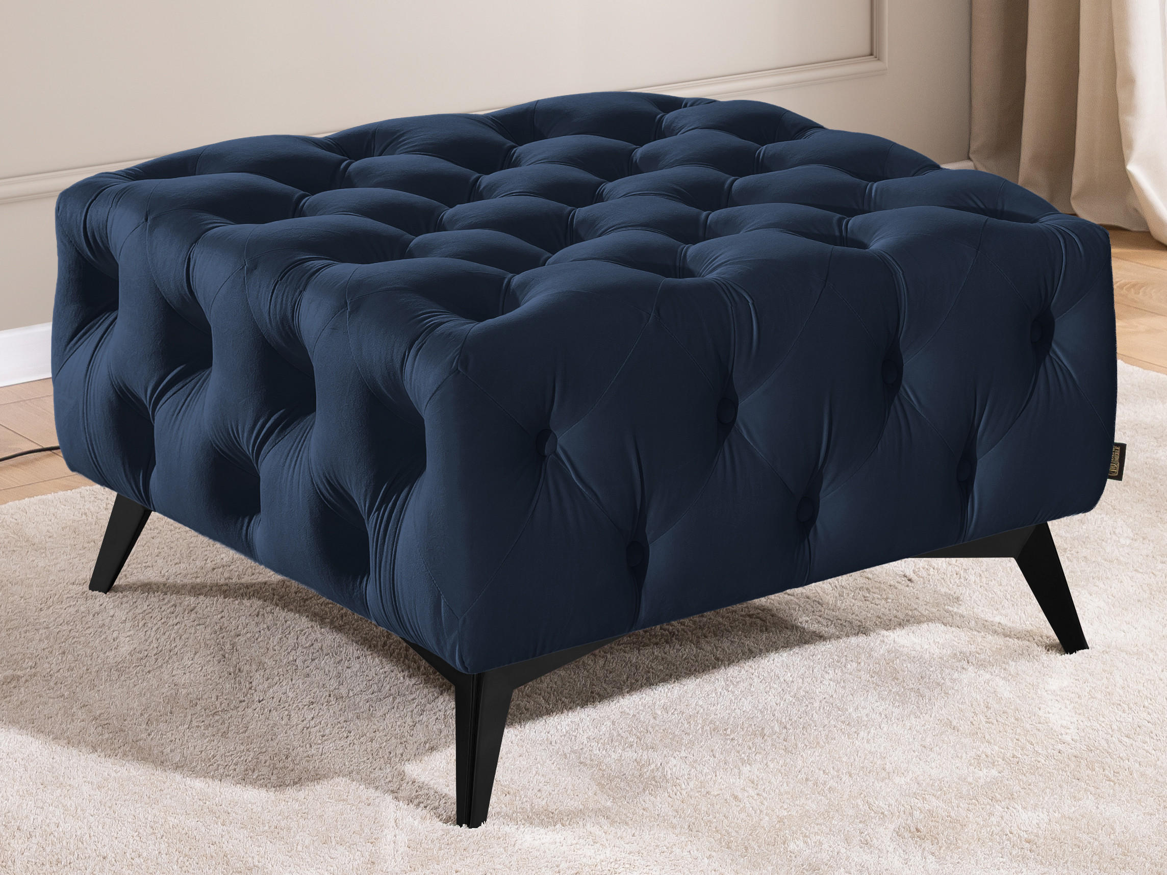 HOCKER Chesterfield Whitby Marineblau Samt mit schwarzen Füßen - Blau/Schwarz, Holz/Textil (80/45/80cm) - S-Style Möbel