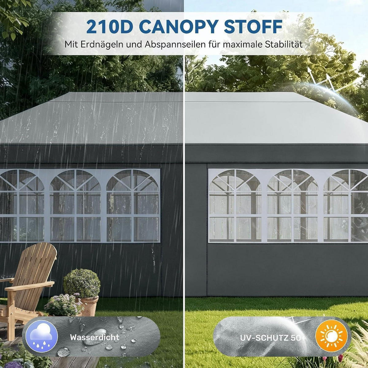 GARTENPAVILLON 3 x 6 m Grau Wasserdicht UV-Schutz 50+ mit 4 Seitenteilen - Grau, Textil (300/265/600cm)