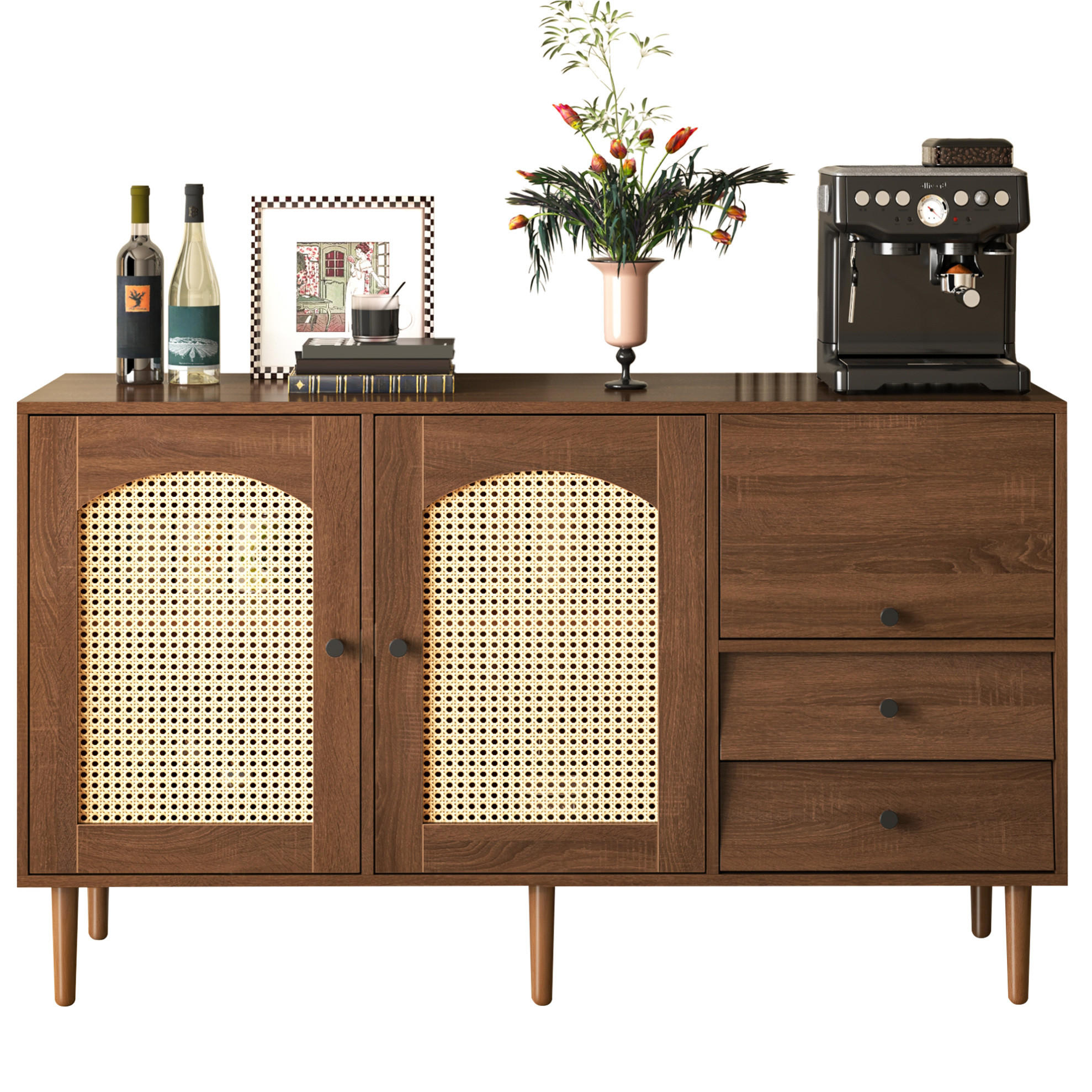 SIDEBOARD 130/40/75,5 cm Holzfarbe aus Spanplatte mit Rattantüren - Eichefarben, Holzwerkstoff (130/75.5/40cm) - OKWISH