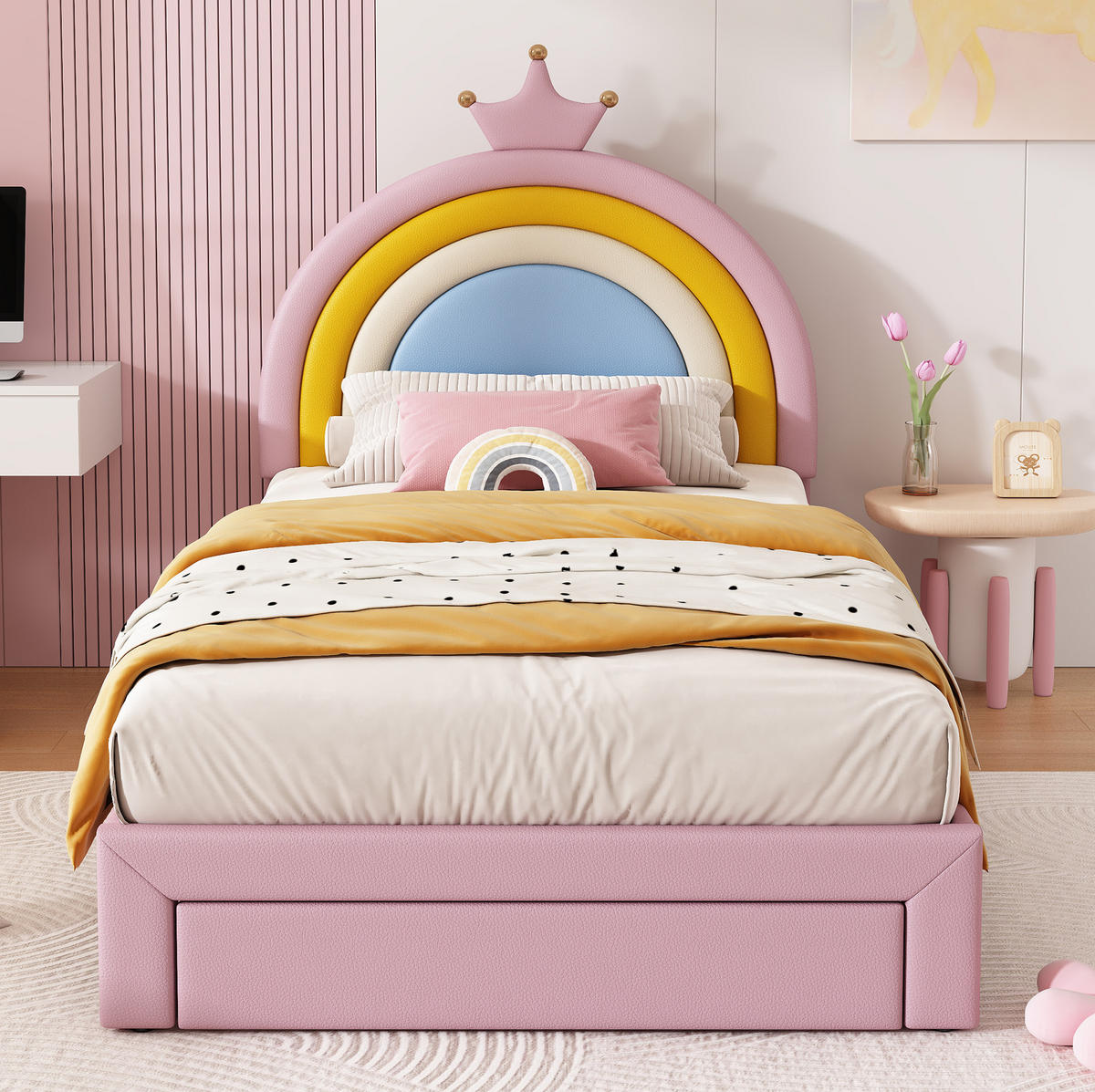 KINDER-POLSTERBETT aus PU 90x200 cm Rosa mit höhenverstellbarem Regenbogen-Kopfteil und Schublade - Pink, Kunststoff (90/200cm) - Modfu