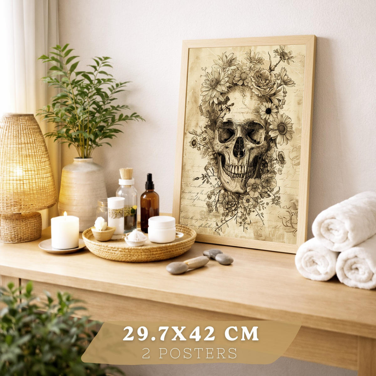 POSTER Set aus 2 Anatomie Mensch Drucke und Wandbilder mit Schädel Wirbelsäule Rippen Becken Klassisches Vintage Design Größe Leichter Holzrahmen A3 - Beige, Papier (29.7/42/3cm) - Nacnic