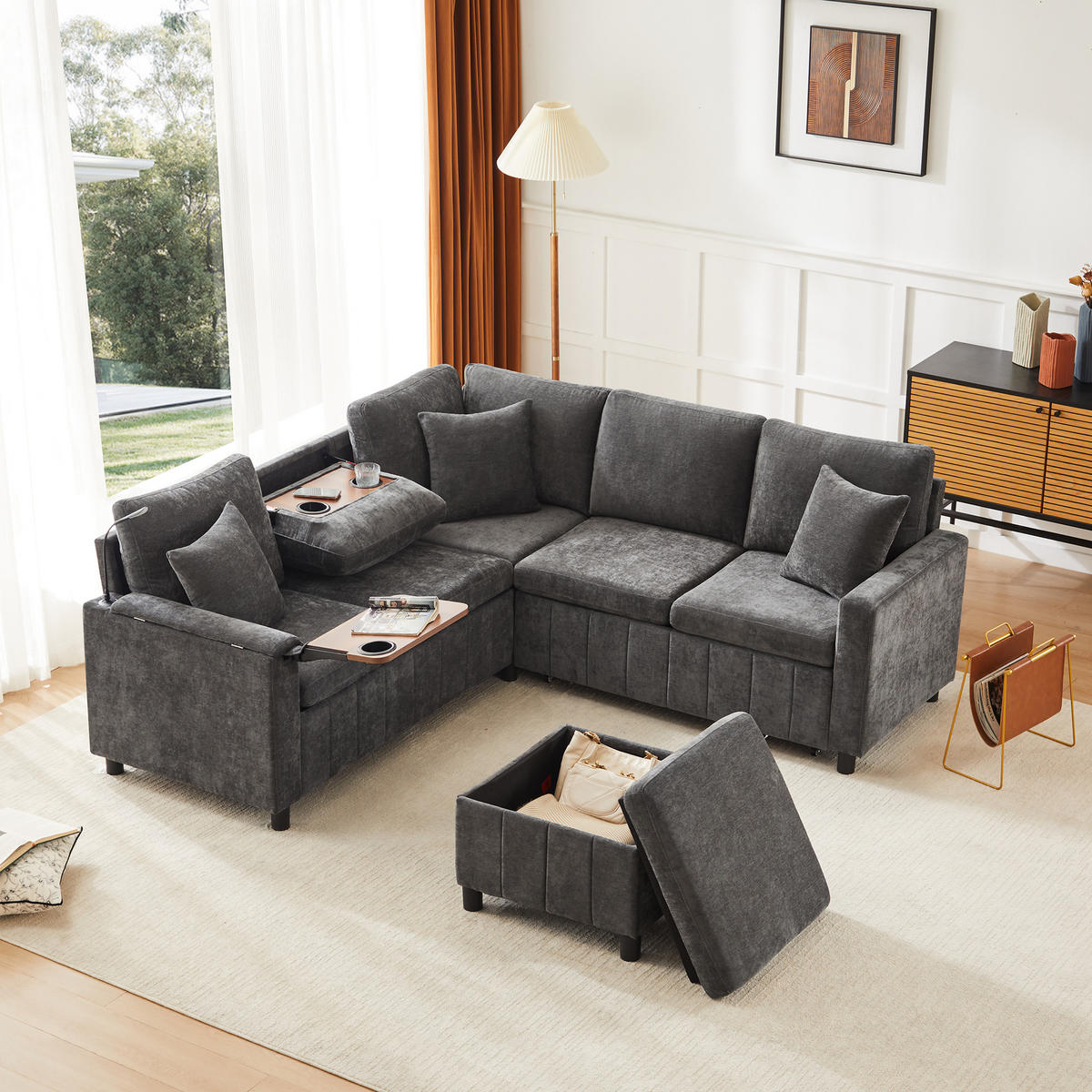SOFA Grau Ecksofa Chenille Schlaffunktion USB Couchtisch 205cm - Grau, Textil (205/85/205cm) - FLIEKS