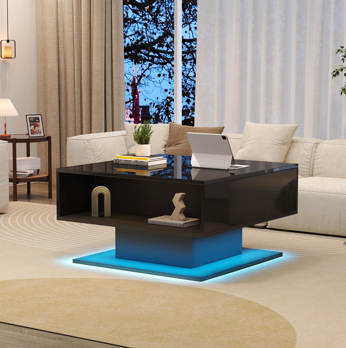 COUCHTISCH aus Spanplatte 80x75x40 cm Schwarz mit Hubfunktion, Stauraum und LED-Beleuchtung - Schwarz, Holzwerkstoff (75/80/40cm) - IVMEU