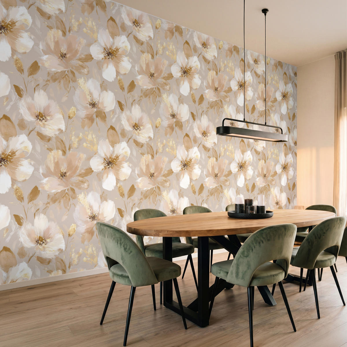 TAPETE - Blumen - künstlerisch - Gold - 450x240 cm - Beige, Papier (450/240cm) - OnlyWow