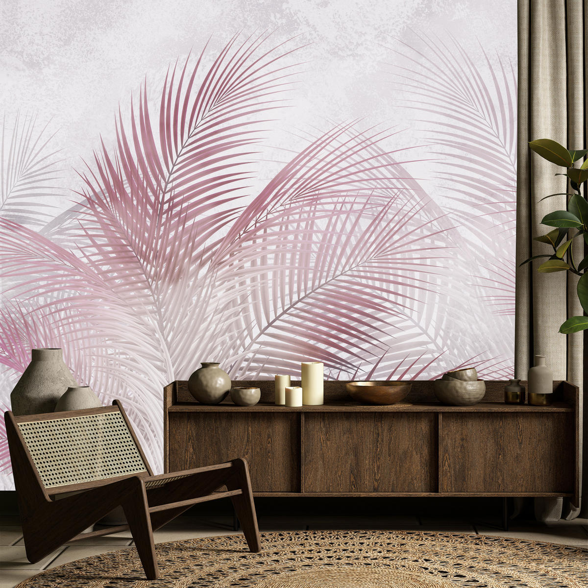 FOTOTAPETE für Schlafzimmer Rosa Palmenblätter Fein Vintage Pastell 350x256 - Violett/Rosa, Papier (350/256cm) - Muralo