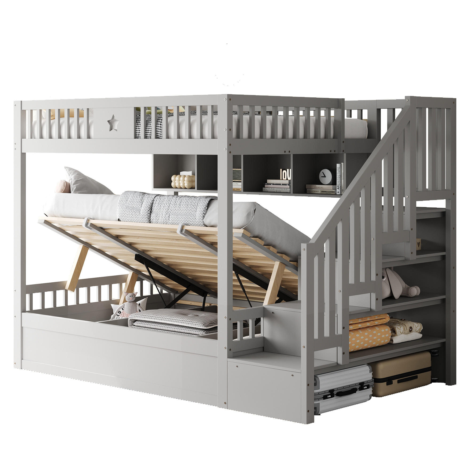 ETAGENBETT 140/200 cm in Grau mit Stauraum, Regalen und Treppe - Grau, Holzwerkstoff (140/200cm) - OKMYHOME