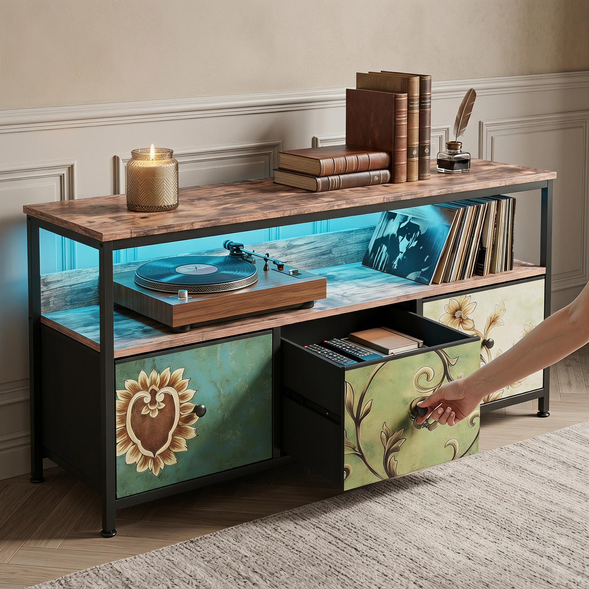 LOWBOARD, TV Schrank mit LED 137x30x57 cm, mit 3 Stoffschubladen und offenen Fächern - Blaugrau, Holz (29.8/57/137cm) - WoodenAura