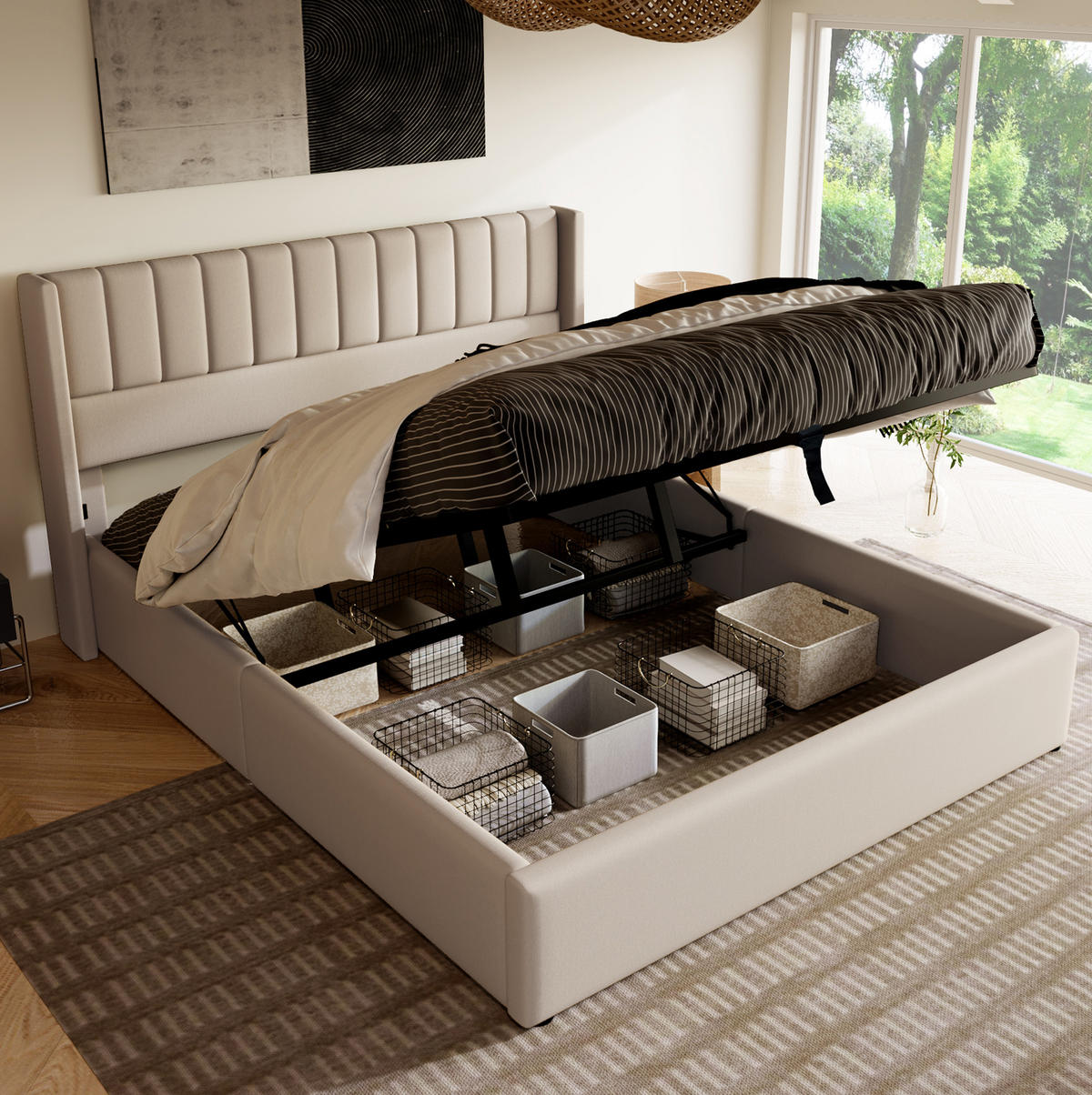 BETT mit Bettkasten 140x200 cm Leinen Beige - Beige, Metall (140/200cm) - Meubliv