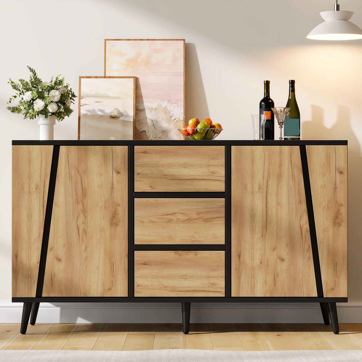 SIDEBOARD 120/40/70 cm mit 2 Türen, 3 Schubladen und verstellbaren Einlegeböden in Holzoptik-Schwarz - Schwarz/Naturfarben, Holzwerkstoff (120/70/40cm) - CHICFURN