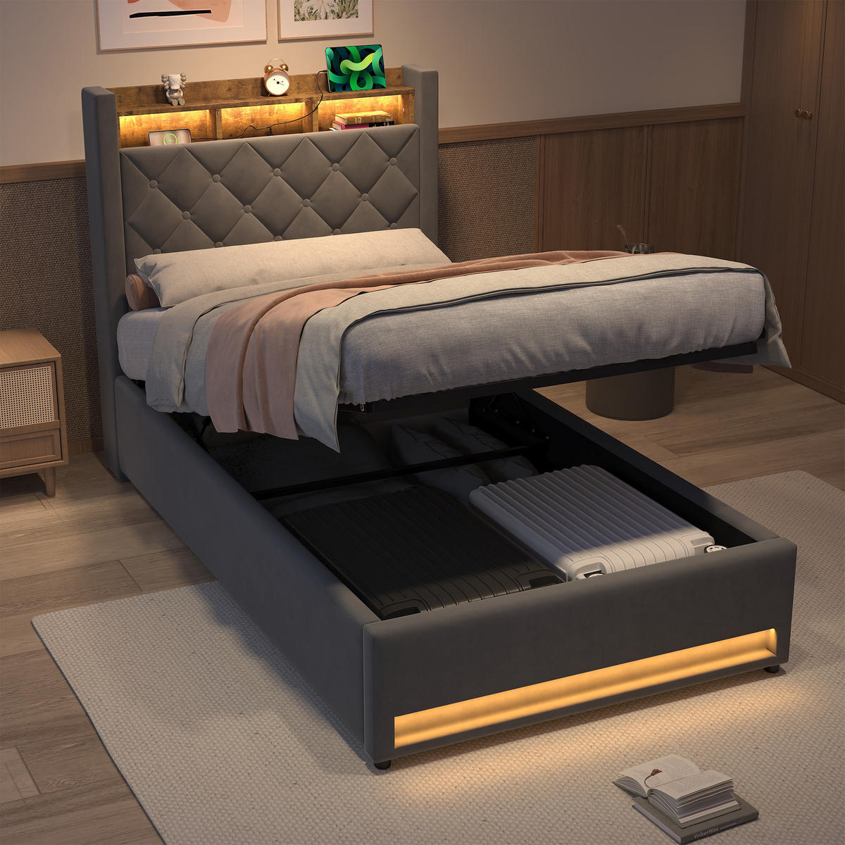 POLSTERBETT 90/200 cm in Grau, Samt, mit Bettkasten, USB, LED, ohne Matratze - Grau, Holzwerkstoff/Textil (90/200cm) - WISHDOR