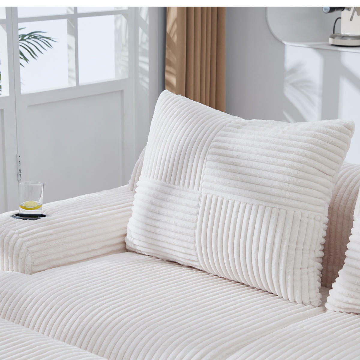 3-SITZER SOFA Cord Beige mit Hockern, Getränkehalter und Seitentasche - Beige, Textil (268/174cm) - WISHDOR