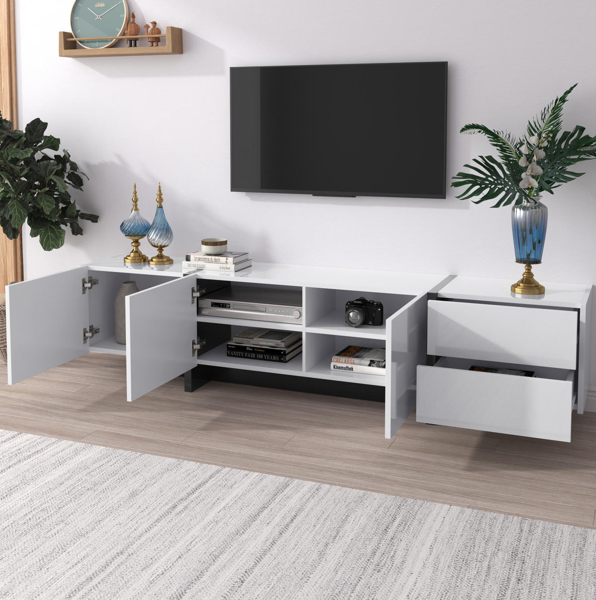 TV-SCHRANK in Weiß Hochglanz mit schwarzen Füßen, 3 Türen und 2 Schubladen 190/35/45 cm - Weiß, Holzwerkstoff (190/45/35cm) - Redom
