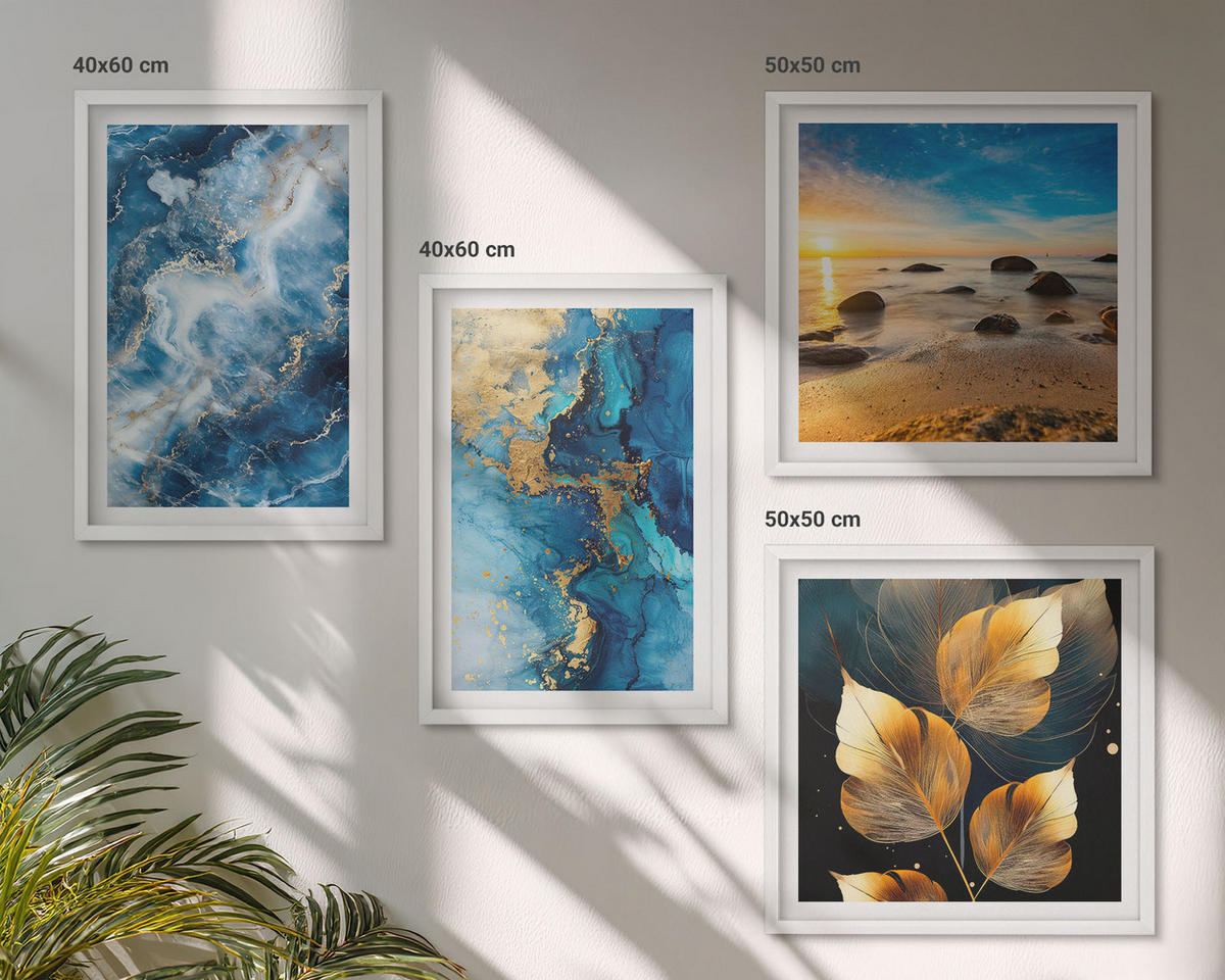 WANDBILDER 4er-Set - 50x50 cm & 40x60 cm Weißer Rahmen - Bilder mit blau-goldenen Mustern - Weiß, Kunststoff (50/50cm) - ArtPrintCave