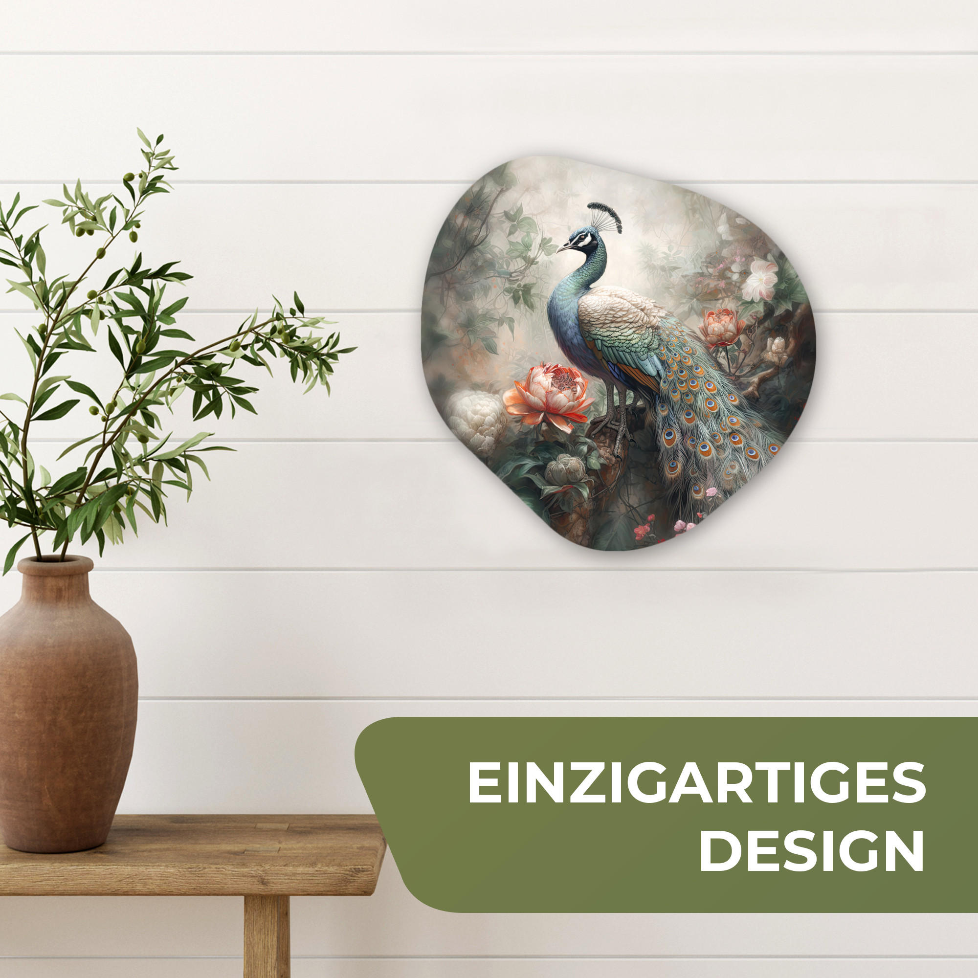 WANDBILD Pfau - Pfauenfedern - Vogel - Dschungel - Blumen 40x40 cm - Smaragdgrün, Kunststoff (40/40cm) - MuchoWow