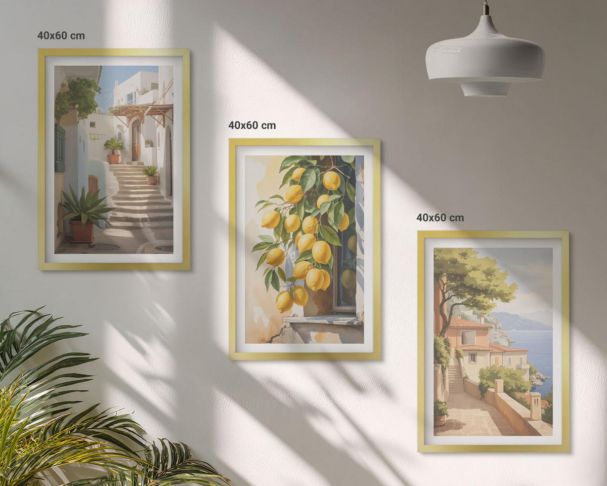 BILDER SET 3er Set - 40x60 cm Goldrahmen - Lemon Streets Meerblick - Goldfarben, Kunststoff (40/60cm) - TULUP