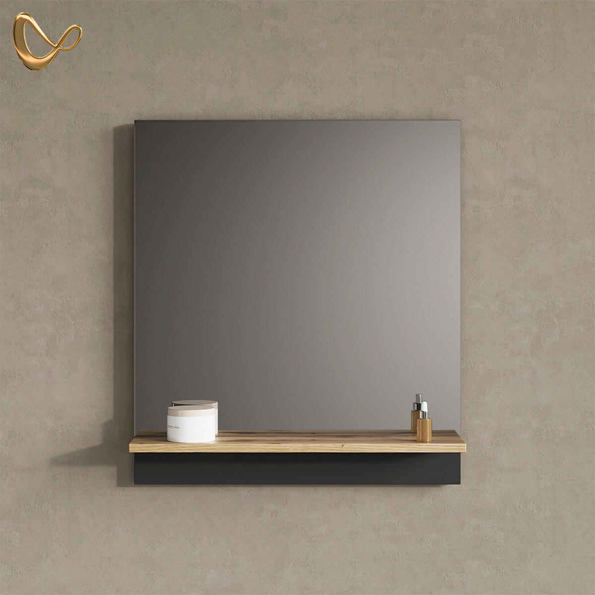BADSPIEGEL Timavo Anthrazit 60 x 67 cm mit Regal - Anthrazit/Eiche Artisan, Holzwerkstoff (60/67/14cm) - Livinity®