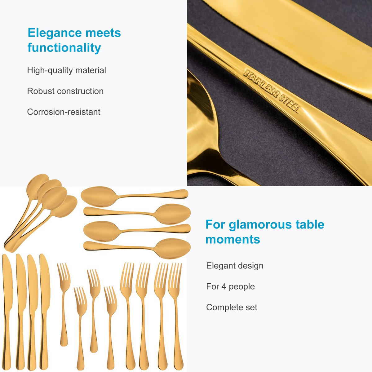 ESSBESTECK 20-teiliges Set aus Edelstahl - Goldfarben, Metall - Intirilife