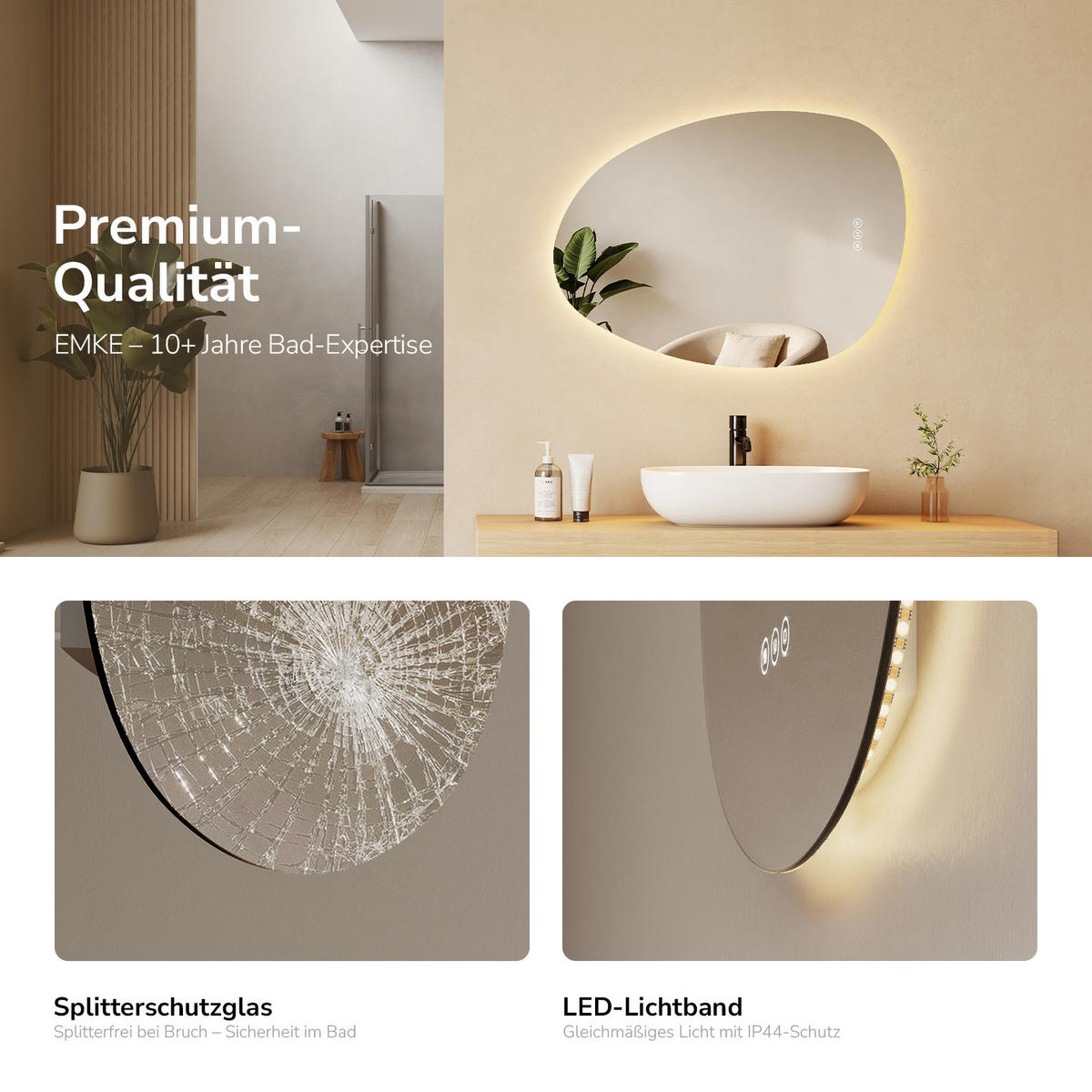 BADSPIEGEL asymmetrisch mit LED-Beleuchtung, Antibeschlag, 55/75 cm - Transparent, Glas (55/75/2.5cm) - EMKE