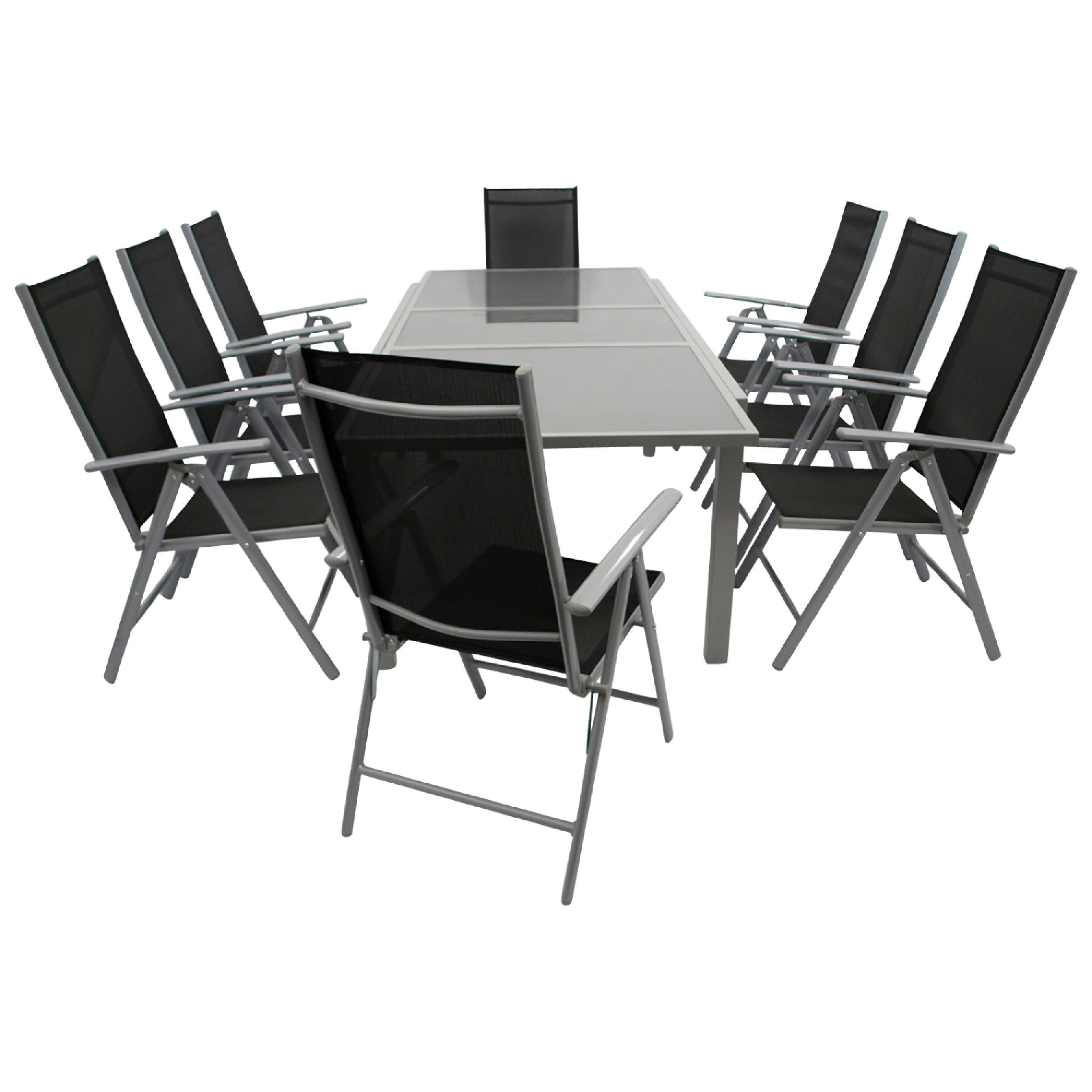 GARTEN-GARNITUR Ashford - 9-teilige Garten-Essgruppe (8x Klappsessel mit Aluminiumgestell grau, Bespannung Textilene schwarz - Schwarz, Metall - TPFGarden