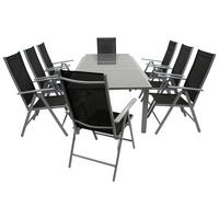 GARTEN-GARNITUR Ashford - 9-teilige Garten-Essgruppe (8x Klappsessel mit Aluminiumgestell grau, Bespannung Textilene schwarz - Schwarz, Metall - TPFGarden