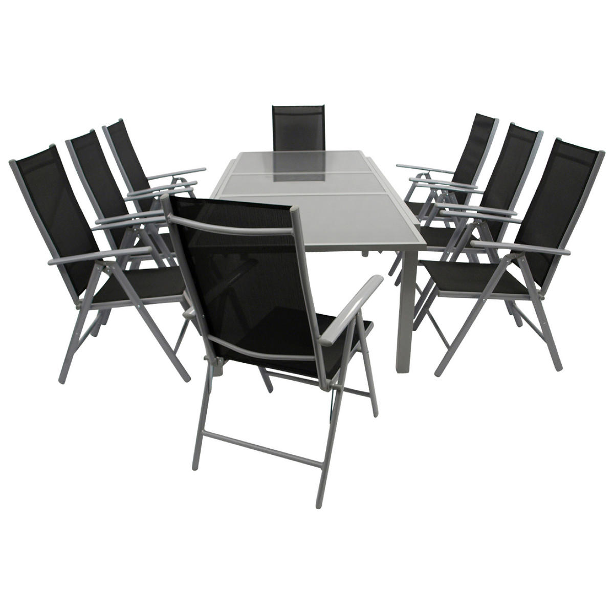 GARTEN-GARNITUR Ashford - 9-teilige Garten-Essgruppe (8x Klappsessel mit Aluminiumgestell grau, Bespannung Textilene schwarz - Schwarz, Metall - TPFGarden