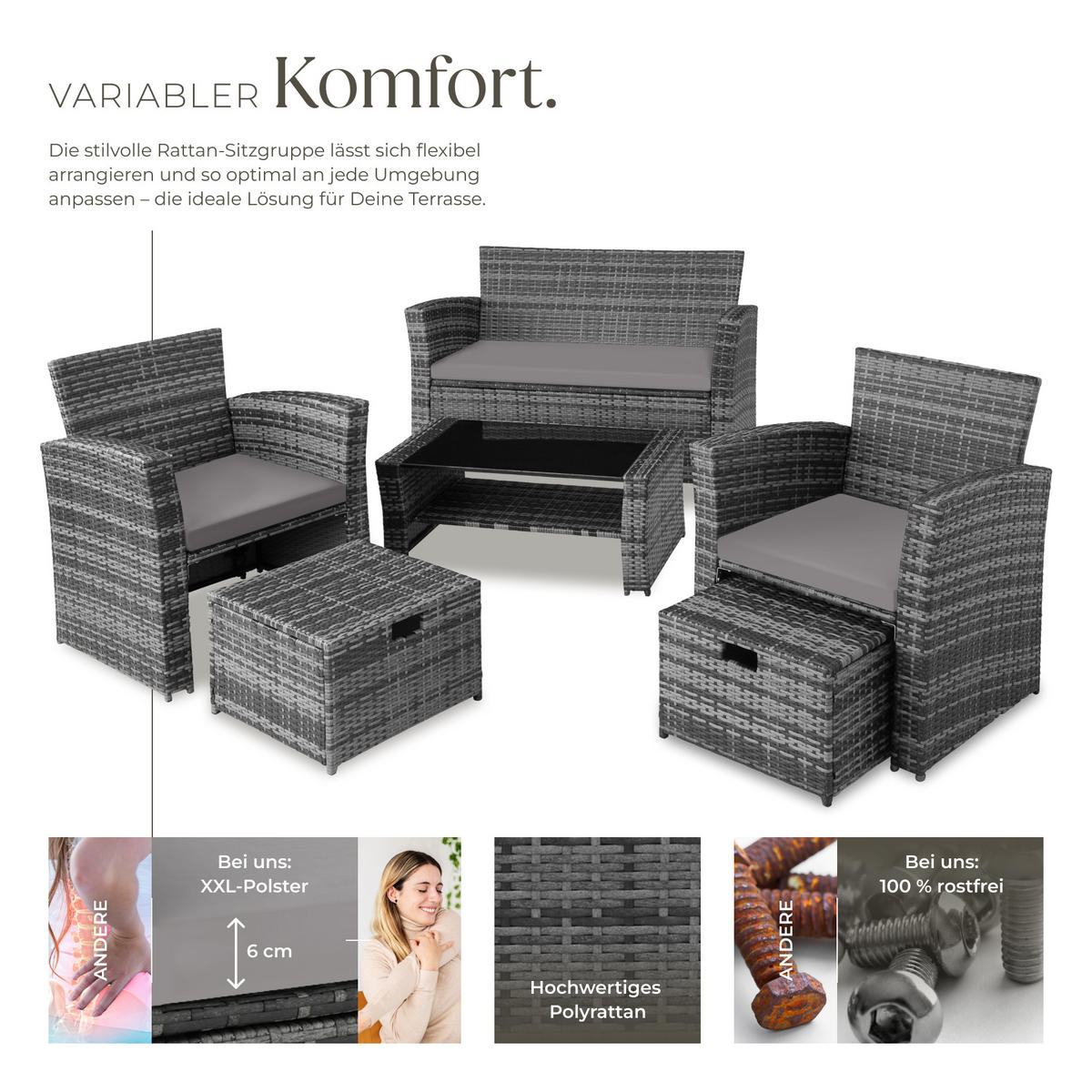 RATTAN SITZGRUPPE Modena,inklusive Staufach und Schutzhülle,grau - Grau, Kunststoff - tectake
