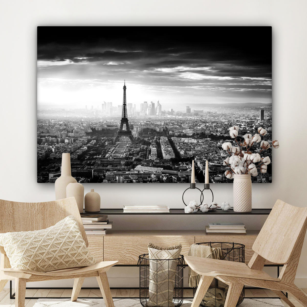 LEINWANDBILD Paris - Skyline - Eiffelturm - Stadt - Wolken Wohnzimmer Groß 120x80 cm - Dunkelgrau, Textil (120/80cm) - MuchoWow