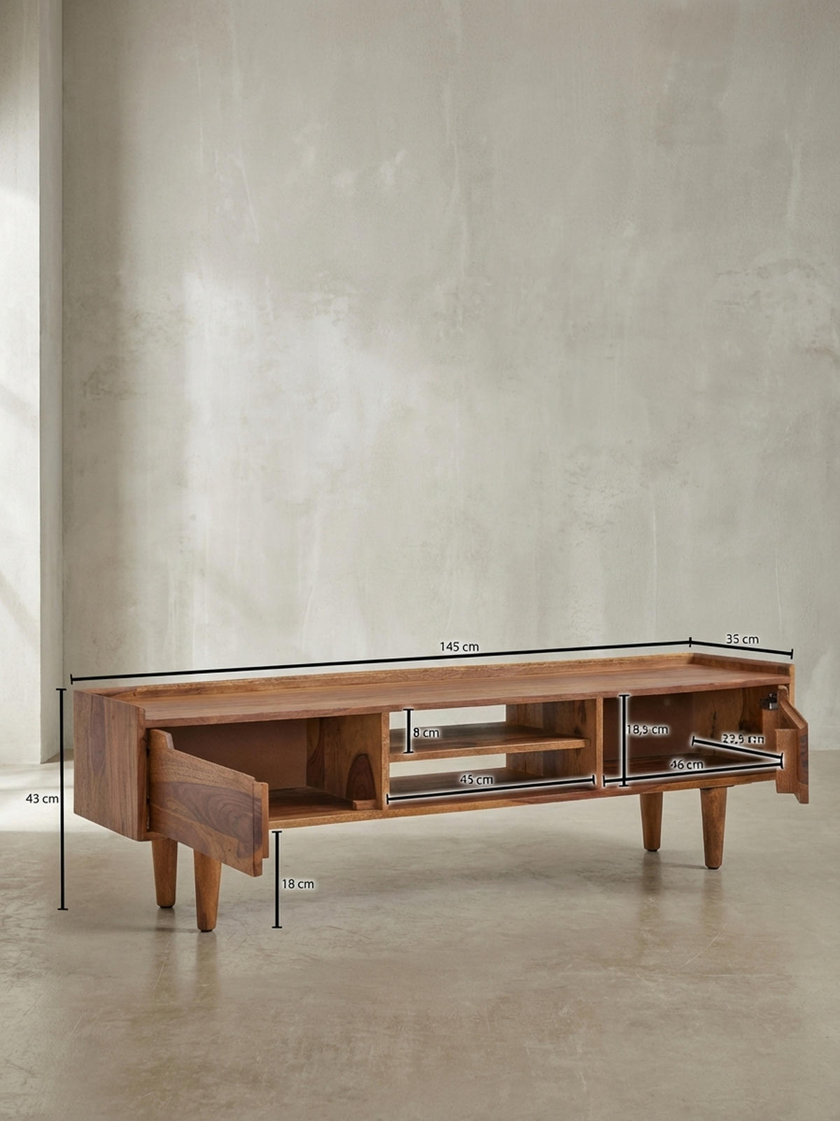 LOWBOARD Massivholz Landhausstil für 60-Zoll Fernseher mit Stauraum und Schutzlackversiegelung - Braun, Holz (145/43/35cm) - KADIMA DESIGN