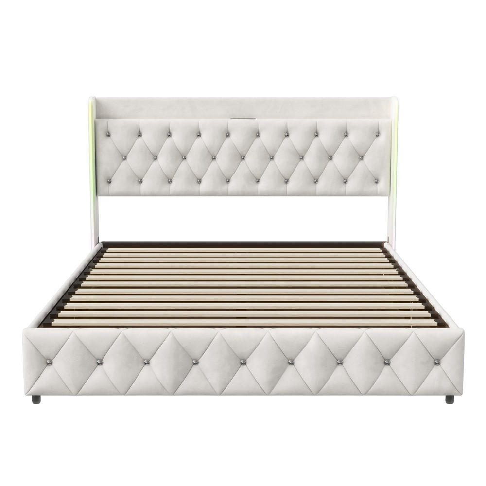 POLSTERBETT 160x200 cm - Doppelbett mit hydraulischem Stauraum und LED - ohne Matratze - Beige - Beige, Textil (160/200cm) - DELFA