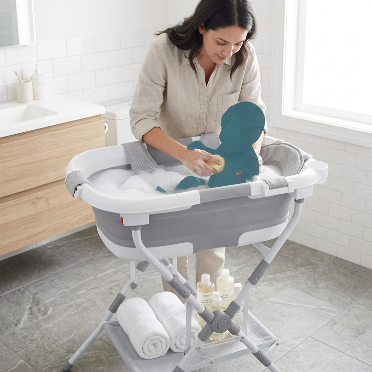 BABYBADEWANNE Grau Weiß faltbar mit Gestell - Multicolor, Kunststoff/Metall (68/52cm) - Relaxdays