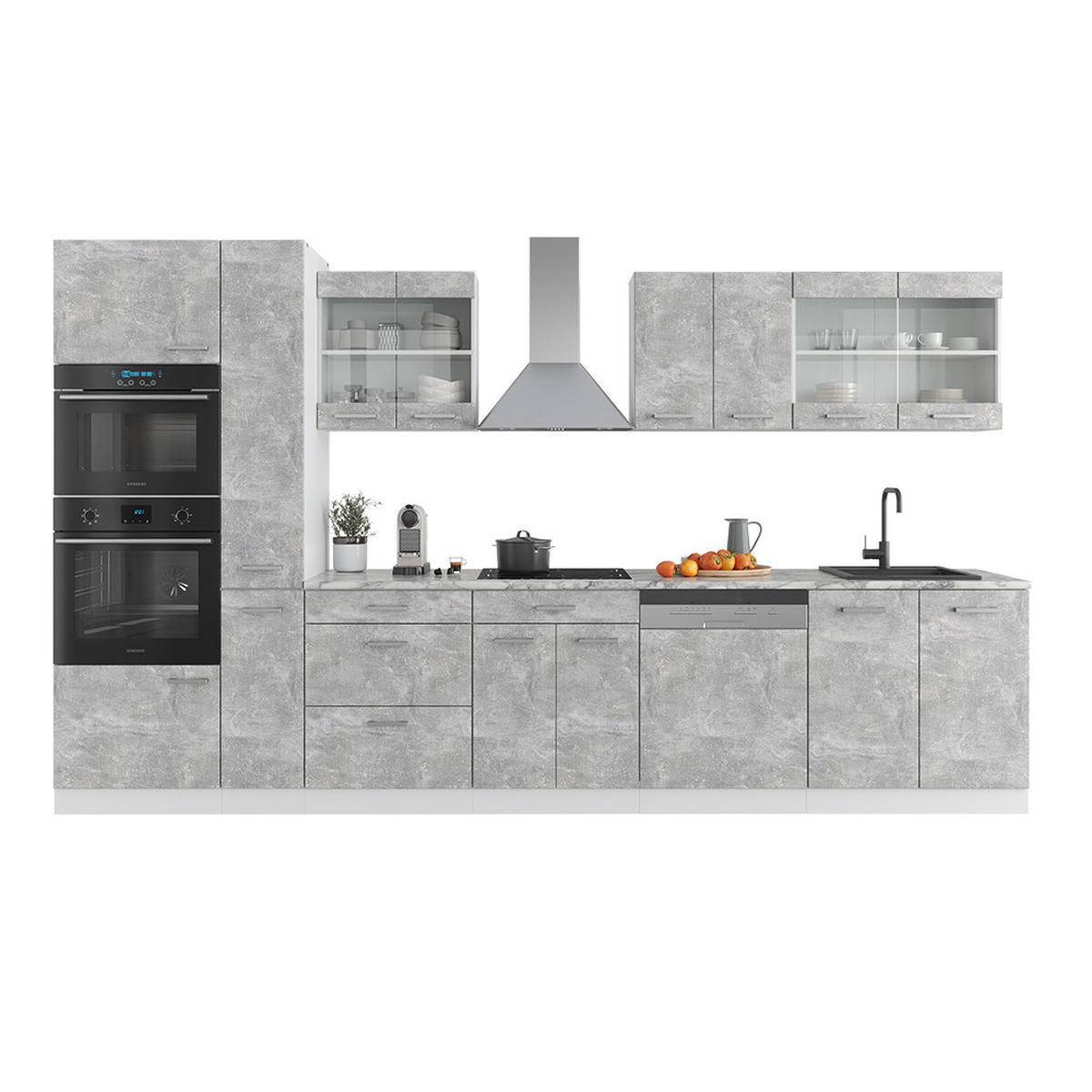 KÜCHENZEILE R-Line Beton/Weiß 350 cm mit Hochschrank, AP Eiche - Schieferfarben/Weiß, Holzwerkstoff (350/81.6/60cm) - Vicco