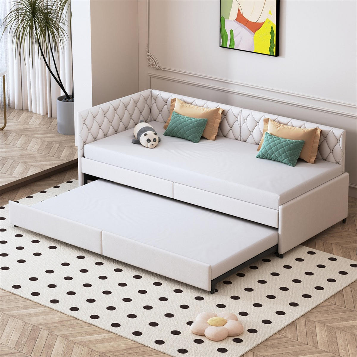 POLSTERBETT 90x200 cm mit Ausziehbares Bettgestell - Kopfteil im Nieten-Design - ohne Matratze - Samtstoff - Beige - Beige, Textil (90/200cm) - DELFA
