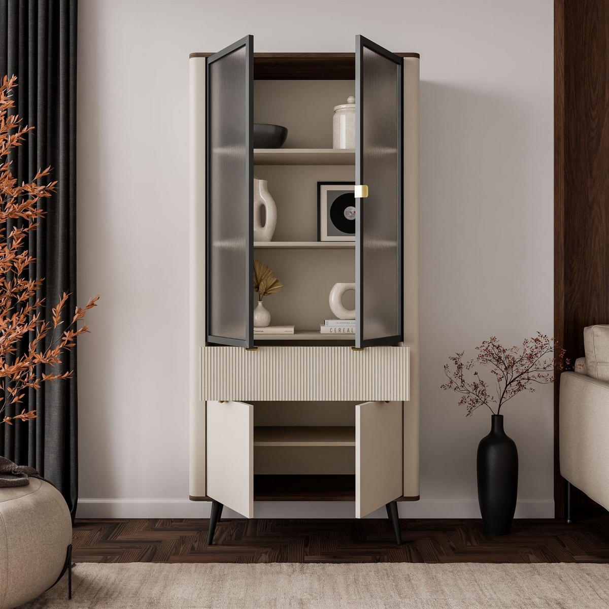 VITRINE AUTUMN 2D2W1S mit Schublade, Kaschmir / Nussbaum - Beige/Braun, Holzwerkstoff (90/191/40cm) - Lookway