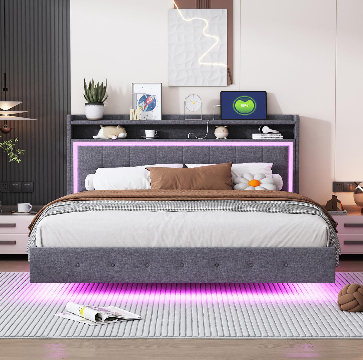 POLSTERBETT 160/200 cm mit LED-Beleuchtung und USB, gepolstertes Kopfteil - Grau, Textil (160/200cm) - BEAOK