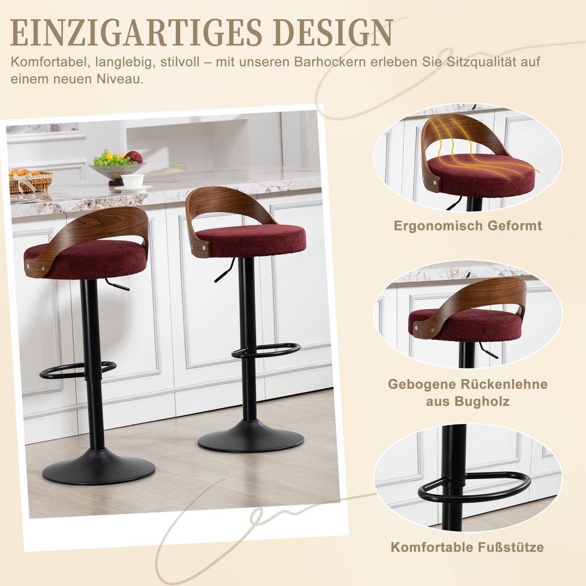 BARHOCKER Drehbar 2er Set,Höhenverstellbar,Weinrot Leinen Walnussoptik - Kirschrot, Textil/Metall (42/98/42cm) - PARAFTA HOME