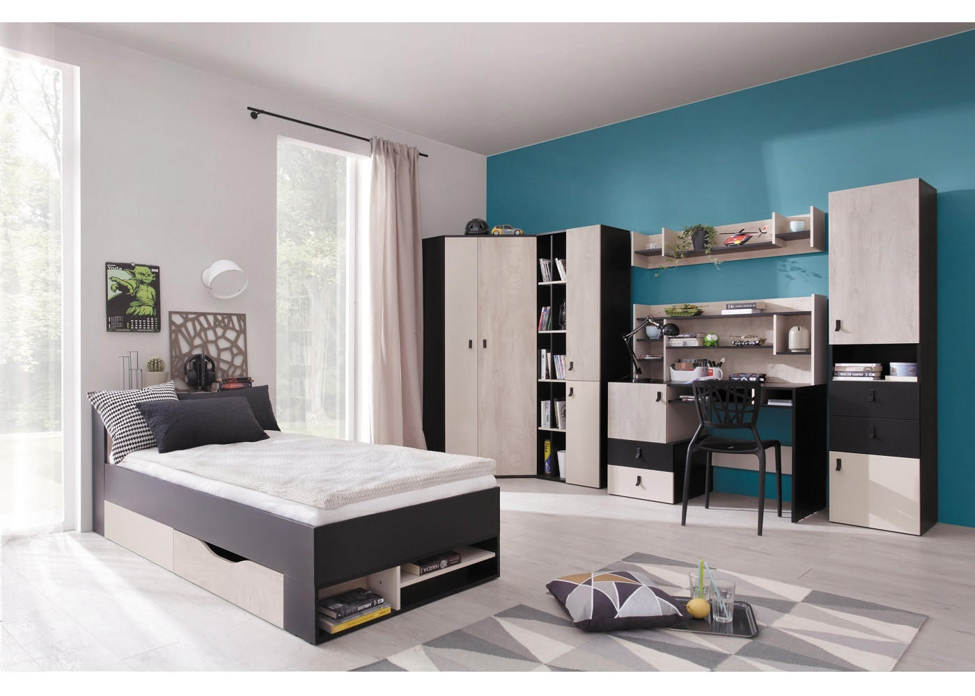 JUGENDZIMMER Space Set D mit Bett 90 x 200 - Schwarz-Eiche-Beige - Eichefarben/Beige, Holzwerkstoff (90/190/90cm) - QMM TraumMöbel