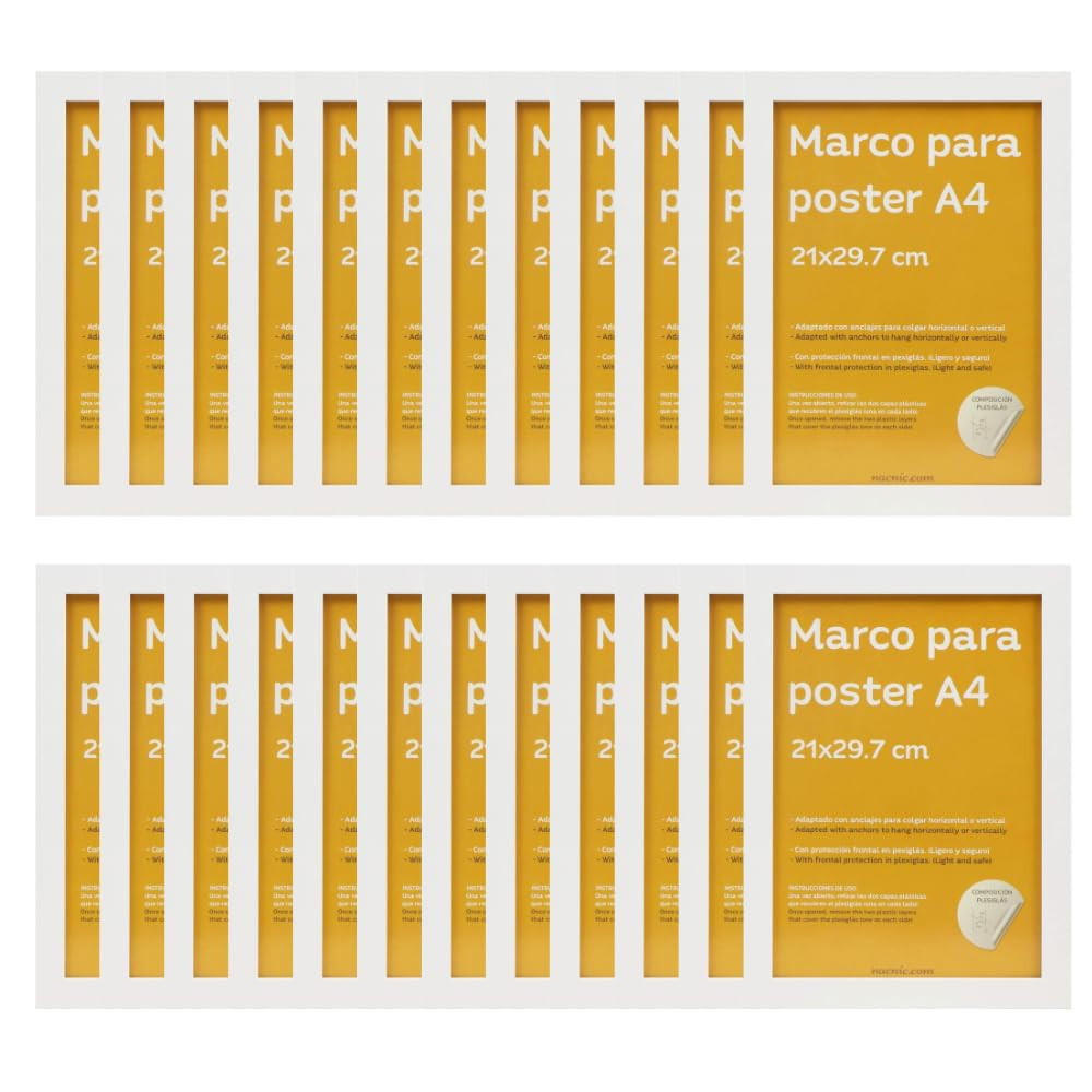 RAHMEN Set mit 24 aus MDF und Acrylglas Schutz und Aussteller für Fotografien, Bilder, Poster, Gemälde, Dekoration für Haus Farbe Weiß A4 - Weiß, Holz (21/3/29.7cm) - Nacnic