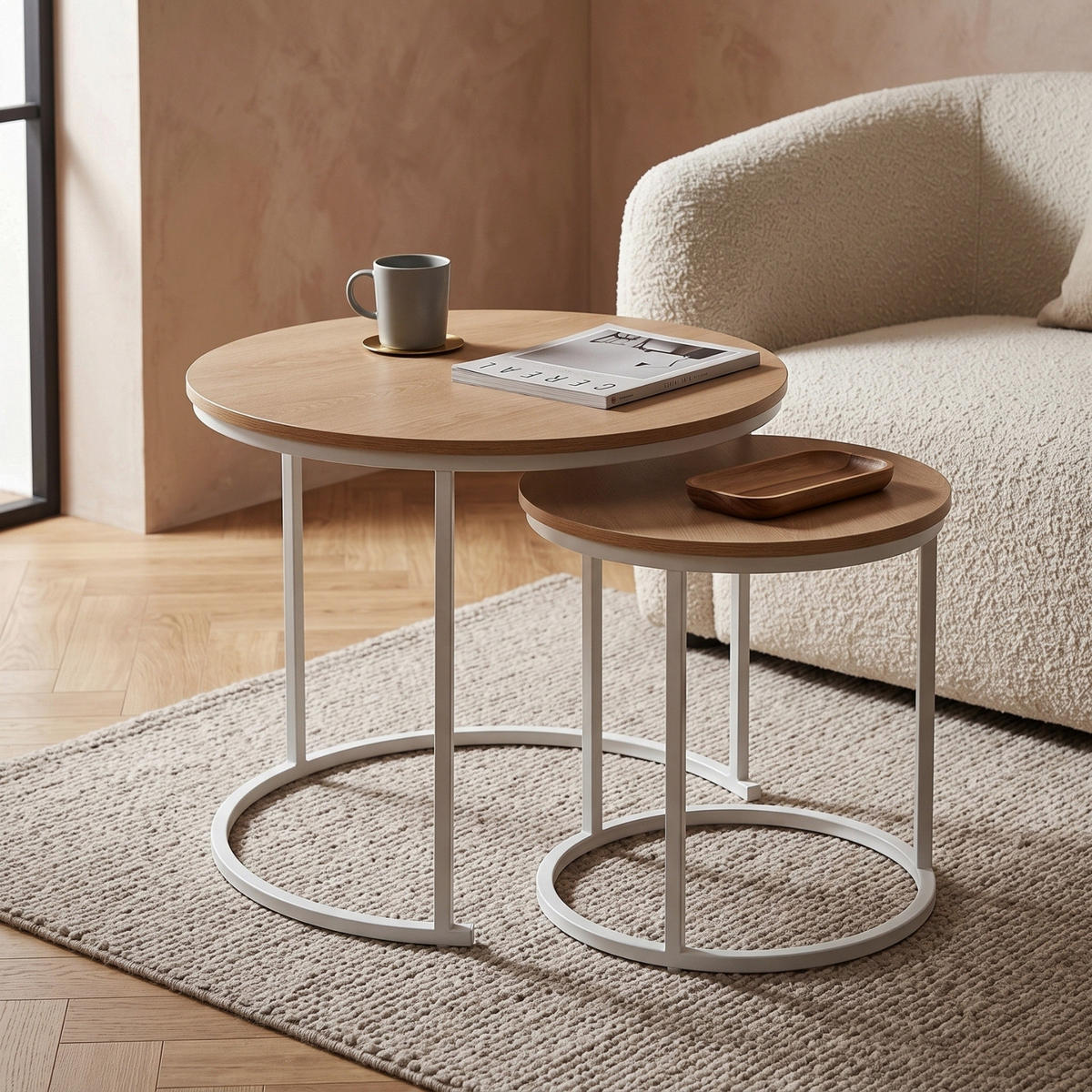 COUCHTISCH 2er-Set rund Weiß, Braun - Braun, Metall (60/60/50cm) - SCENA LIVING