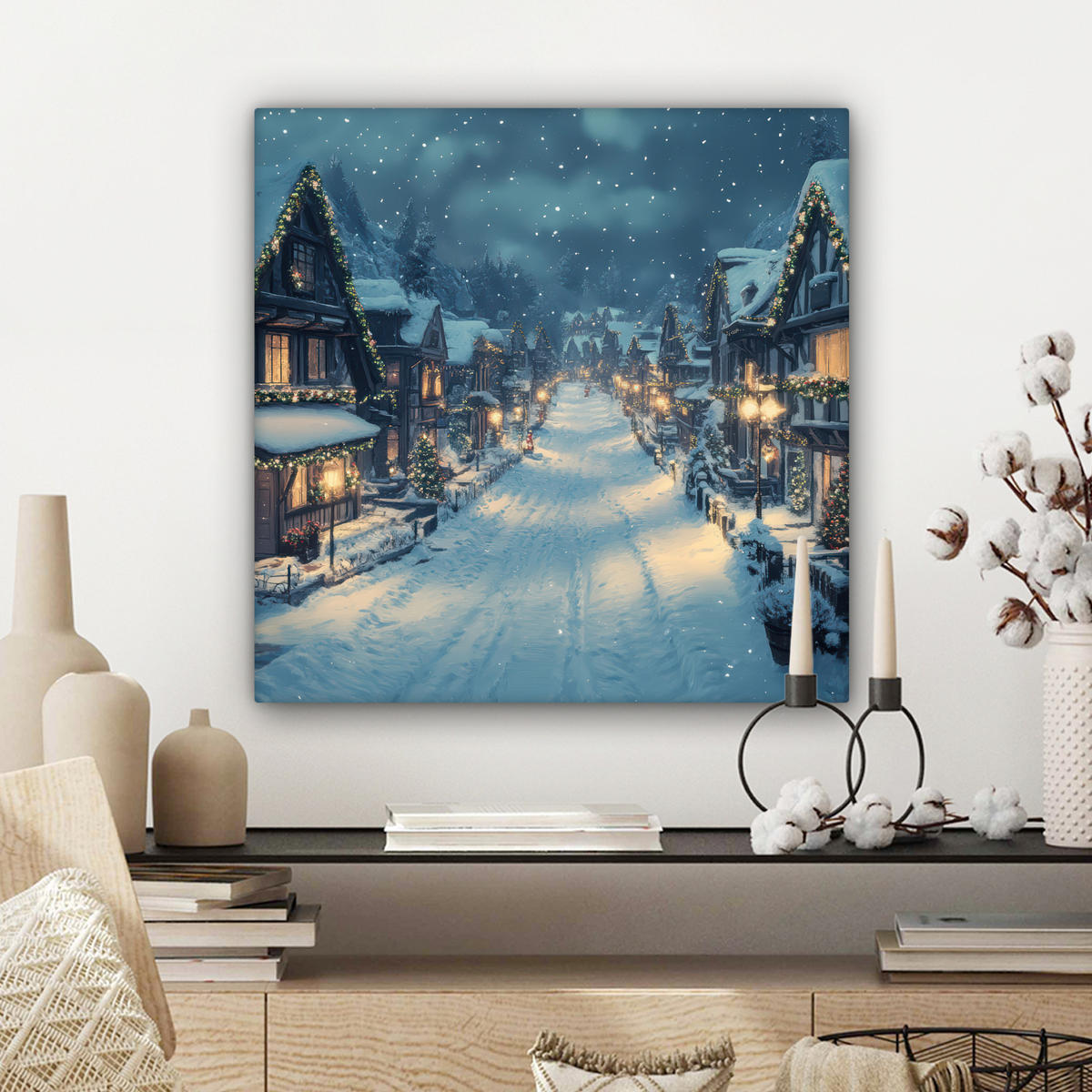 LEINWANDBILD Weihnachtsdorf - Weihnachten - Schnee - Winter 50x50 cm - Dunkelblau, Textil (50/50cm) - MuchoWow