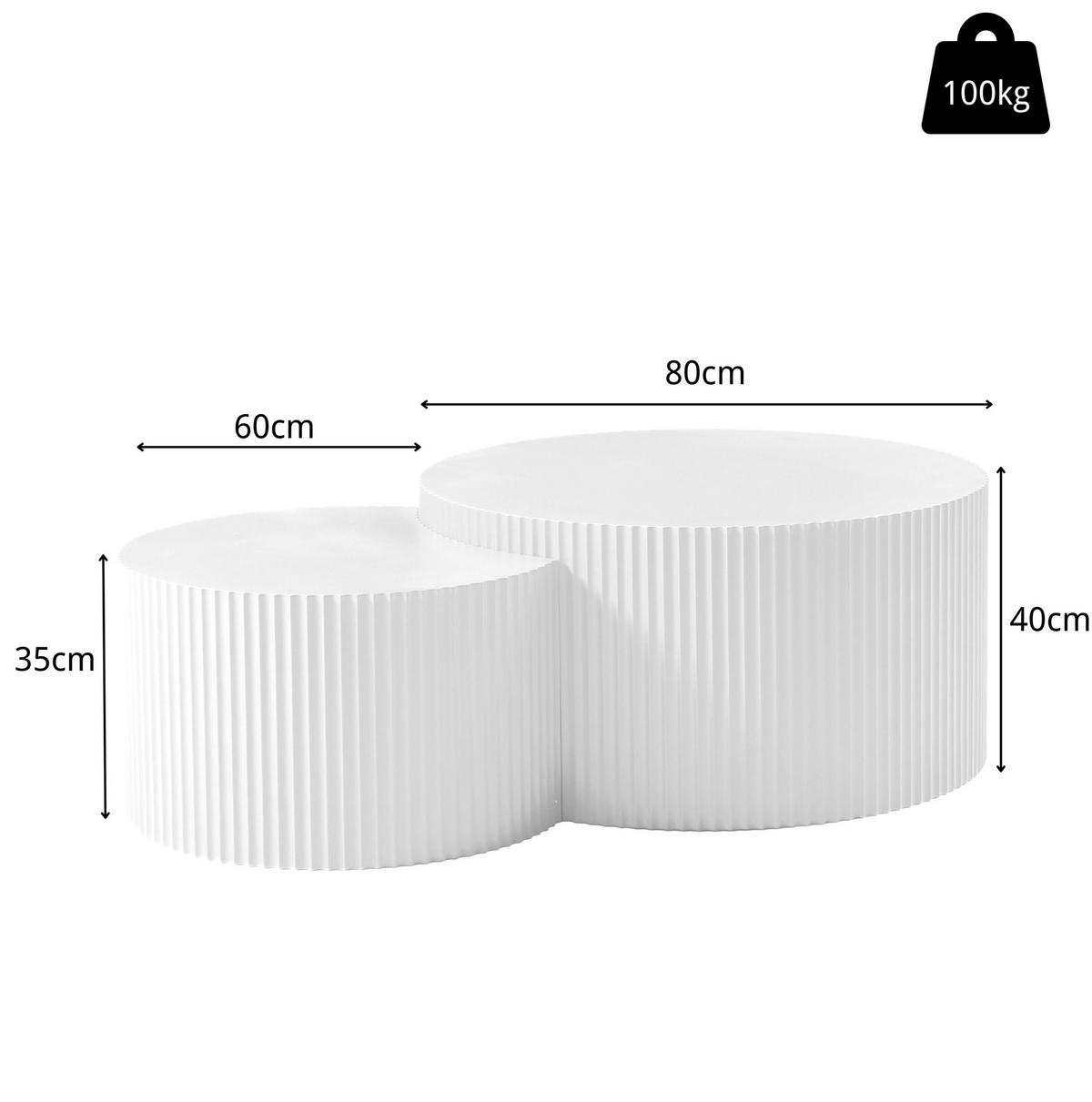 COUCHTISCH-SET 80/80/40 cm stapelbar, platzsparendes Nesting-Design mit Wellenkante, Weiß - Weiß, Holzwerkstoff (80/80/40cm) - Redom