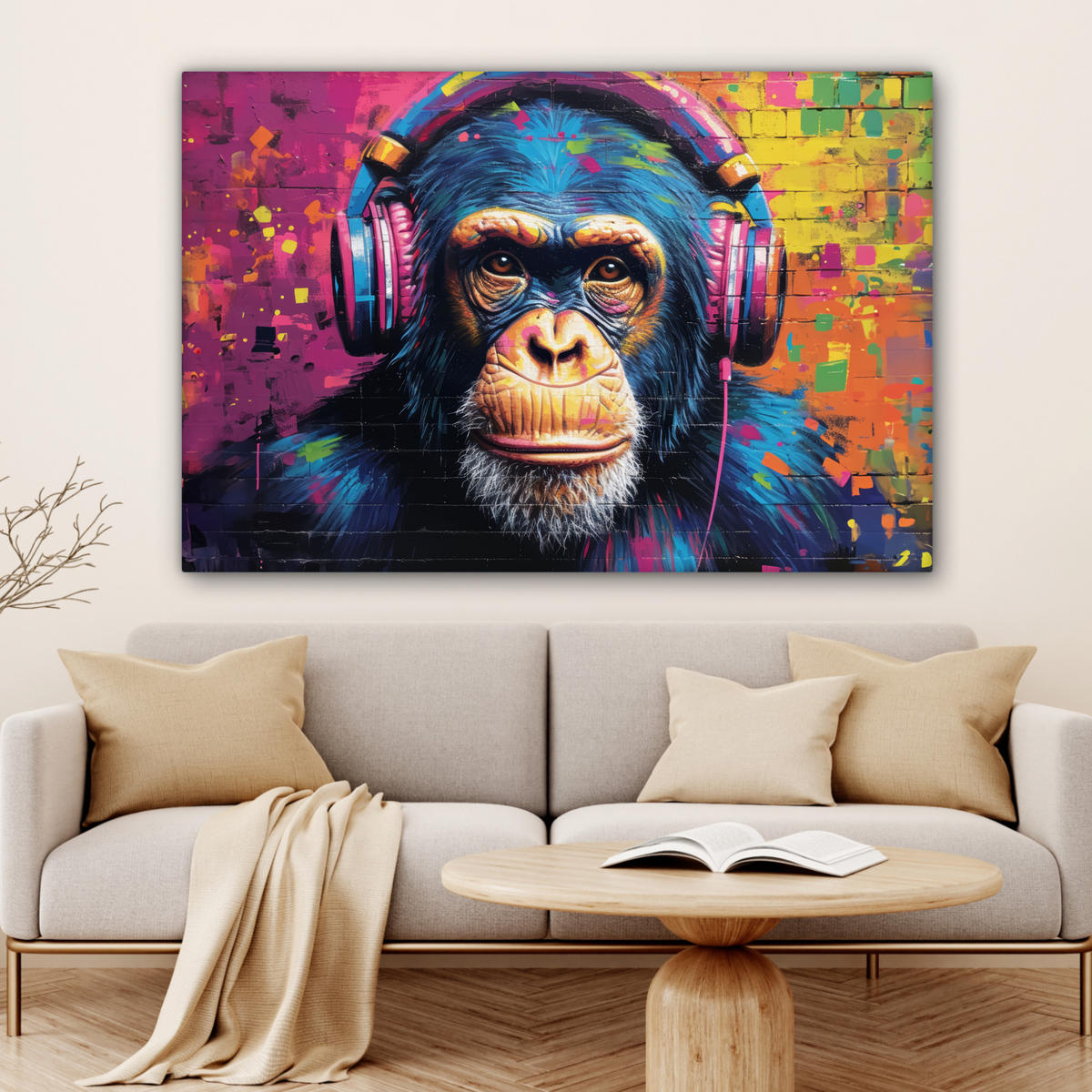 LEINWANDBILD Graffiti - Schimpanse - Straßenkunst - Kopfhörer - Affe Wohnzimmer Groß 120x80 cm - Blau, Textil (120/80cm) - MuchoWow