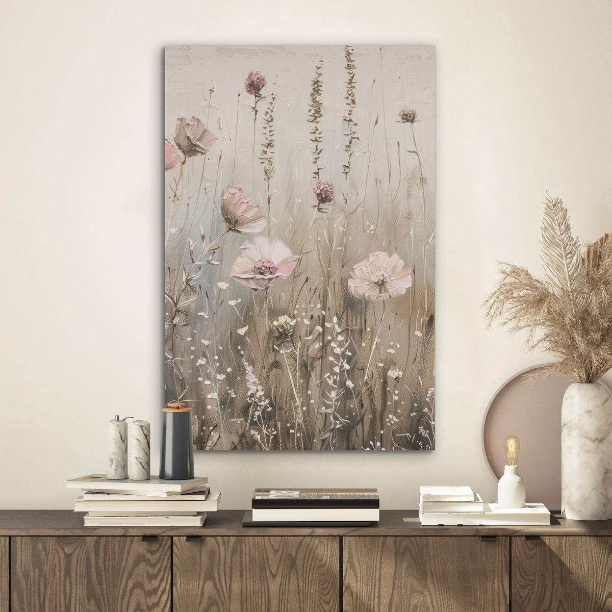 AKUSTIKBILD Blumen - Rosa - Modern - Beige Kunstdruck Schlafzimmer 50x70 cm - Beige, Kunststoff (50/70/0.9cm) - MuchoWow
