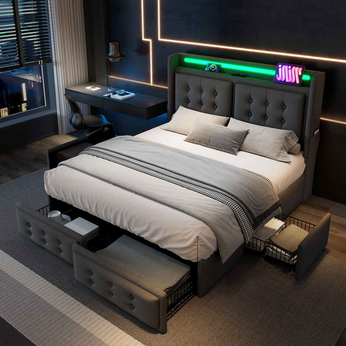 POLSTERBETT 140/200 cm Grau mit LED-Beleuchtung und USB-Anschlüssen - Grau, Textil (140/200cm) - OKWISH