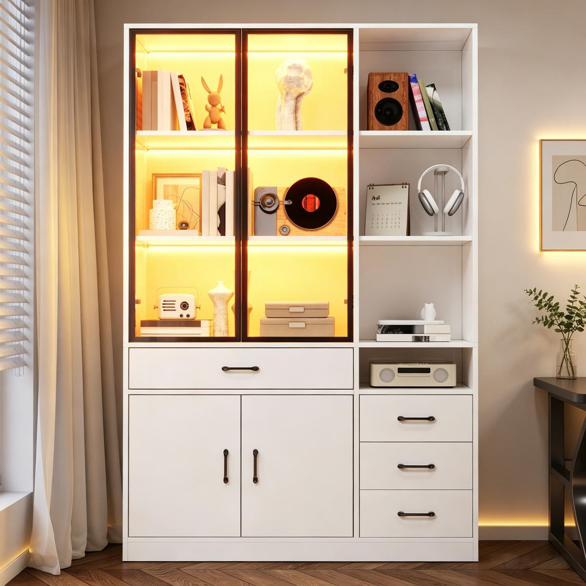 VITRINE in Weiß Hochschrank mit Glasvitrine, Schubladen und LED, 120/35/200cm, für Esszimmer und Wohnzimmer - Transparent/Weiß, Glas/Holzwerkstoff (120/200/35cm) - STILVORA