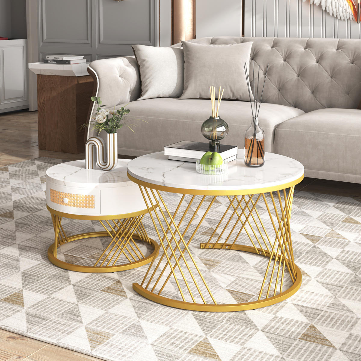COUCHTISCH aus MDF 70x70x45,5 & 50x50x38,5 cm in Weiß mit Schublade - Weiß, Holzwerkstoff (70/70/45.5cm) - Modfu