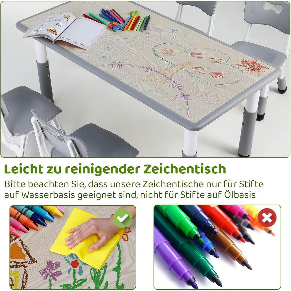 KINDERTISCH- und Stuhl-Set 5-teilig Höhenverstellbar Grau 120 x 60 cm - Grau, Kunststoff (60/60/120cm)