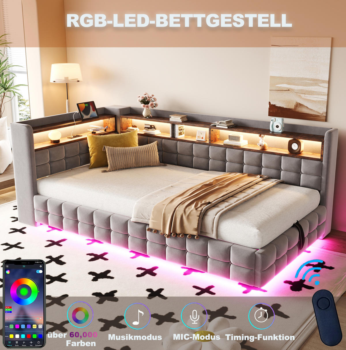 POLSTERBETT aus Samtstoff 90x200 cm Hellgrau mit LED-Beleuchtung, USB-, Typ-C-Anschluss, Steckdose und hydraulischem Stauraum - Hellgrau, Textil (90/200cm) - Modfu