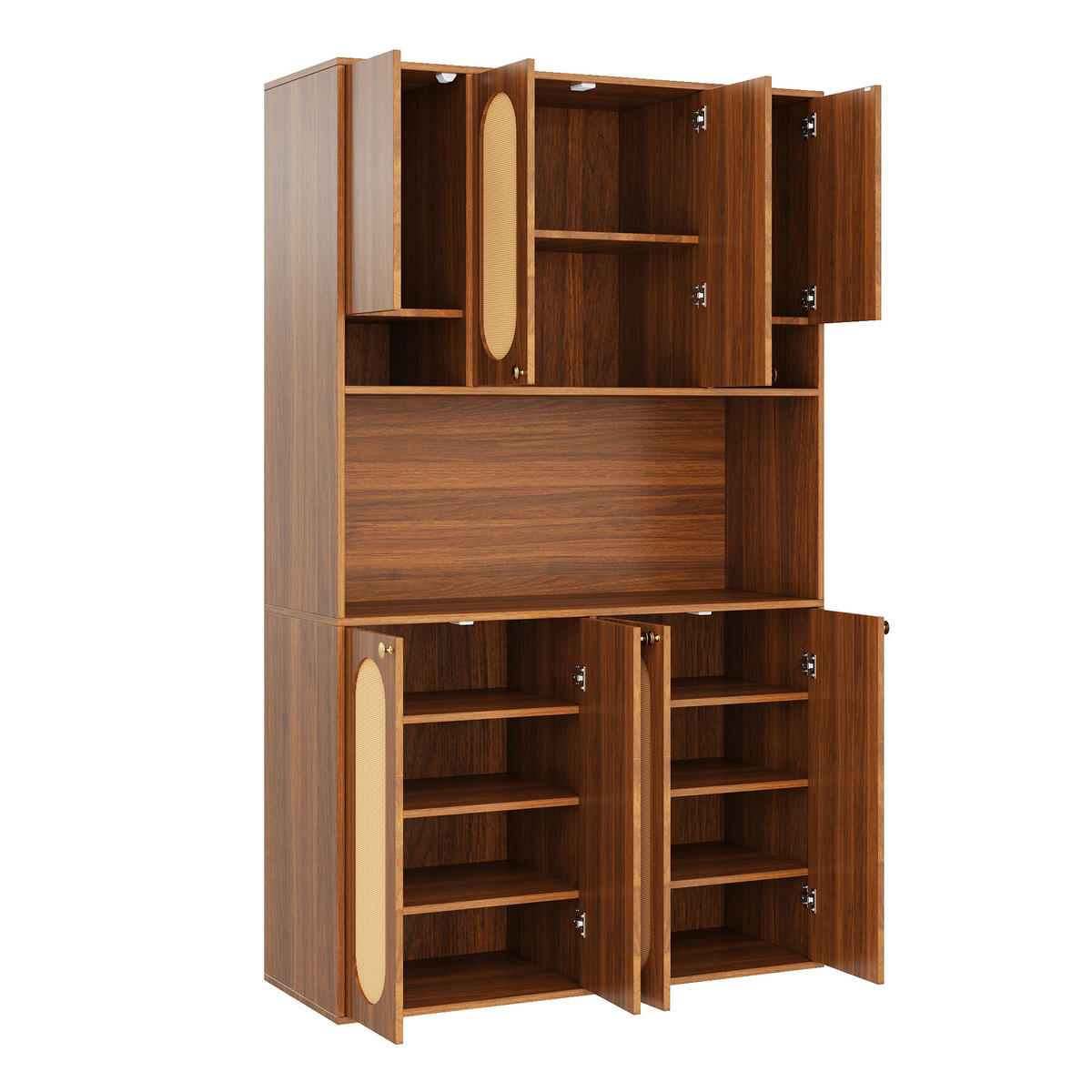 BUFFET Hoch mit PE-Rattan, LED-Beleuchtung und großem Stauraum - Nussbaumfarben, Holzwerkstoff (40/178/106cm) - Korfee