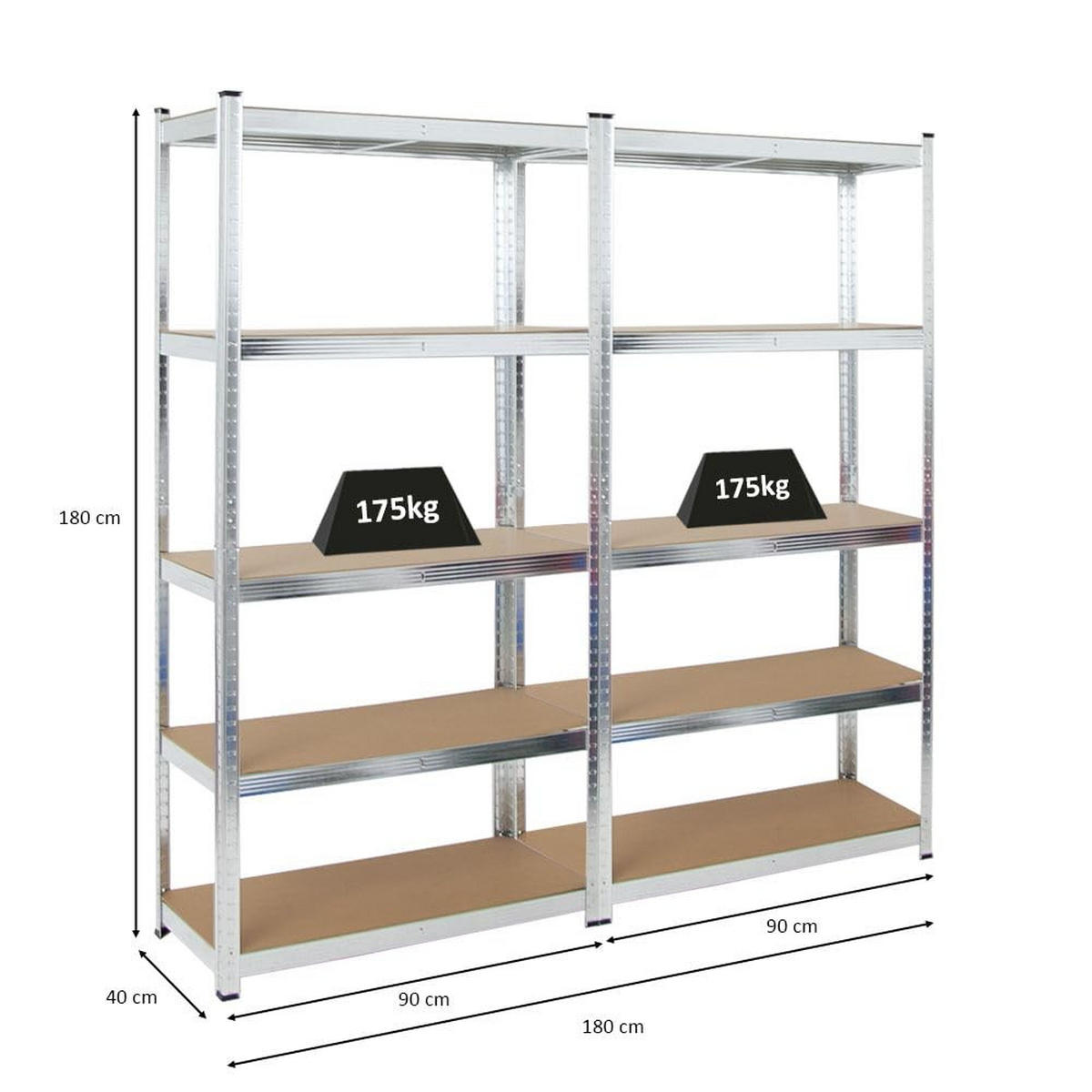 SCHWERLASTREGAL Ragnar 2er-Set mit 2x 180x90x40 cm Fachlast 175 kg Verzinkt - Silberfarben, Metall (180/180/40cm) - PROREGAL