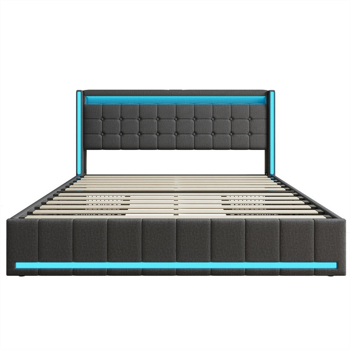 POLSTERBETT 160x200 cm Lumina Smart mit 3-Zonen RGB-LED, USB & USB-C, 4 Schubladen, Leinen-Optik, Dunkelgrau - Grau, Textil (160/200cm) - DELFA